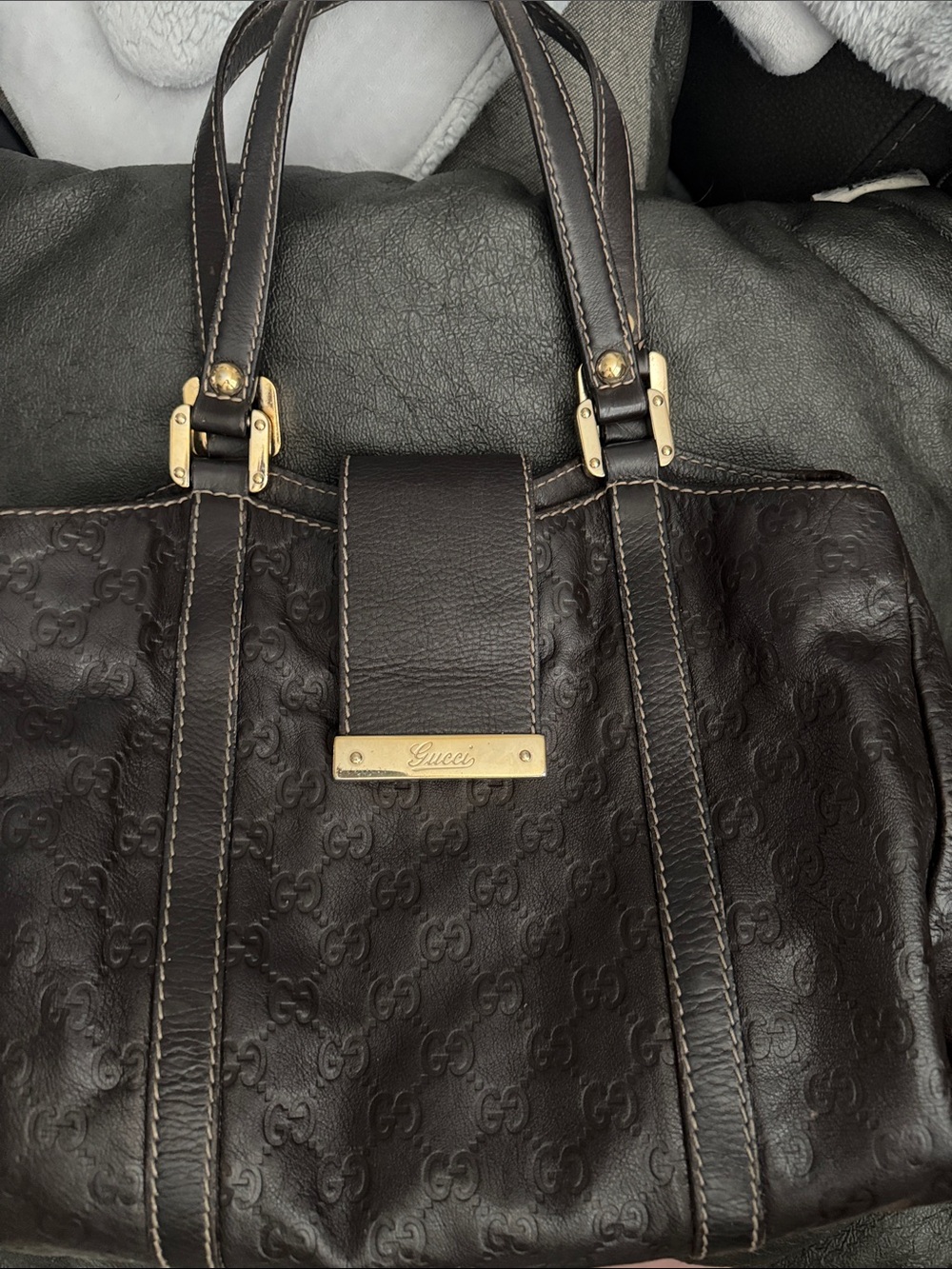 Gucci Brown Embossed Leather Satchel with Rose Gold Wallet